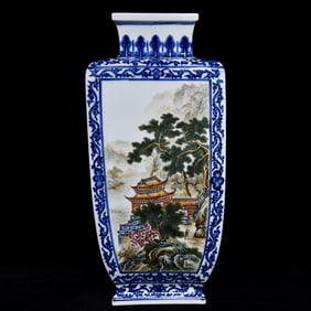A Qing Qianlong blue and white pastel landscape poetry square bottle