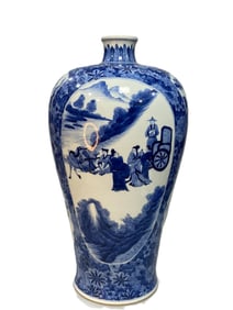 A blue and white six-sided windowed figure Wanhua plum vase made in the Kangxi year of the Qing