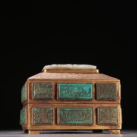 A bronze gilt inlaid jade floral lid box