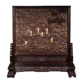 A piece of red sandalwood carved landscape embedded with baby play interstitial