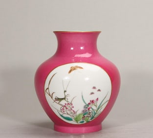 A piece of late Qing carmine open window pastel flower insect zun