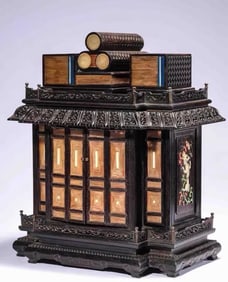 A small leafy red sandalwood inlaid bamboo yellow bookcase