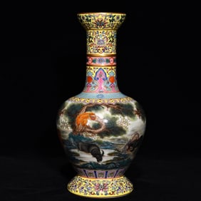 A piece of Qing Qianlong pastel monkey, horse, cow and sheep pattern plate bottle