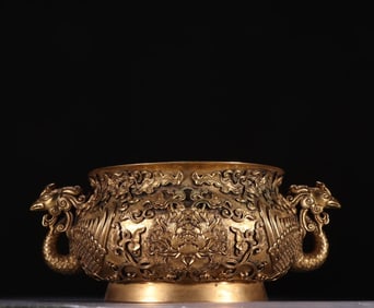 A piece of Qing copper gilt double phoenix wearing flower amphora