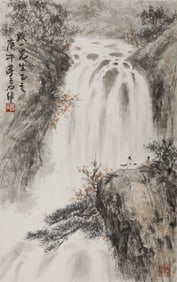 A picture of a waterfall view from two stones, a vertical scroll on paper, was published