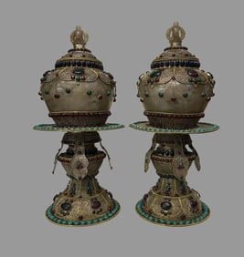 A pair of copper filigree inlay baby bottles