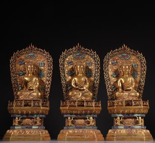 A piece of Qing Dynasty bronze gilt inlaid with gemstones of the Third Buddha