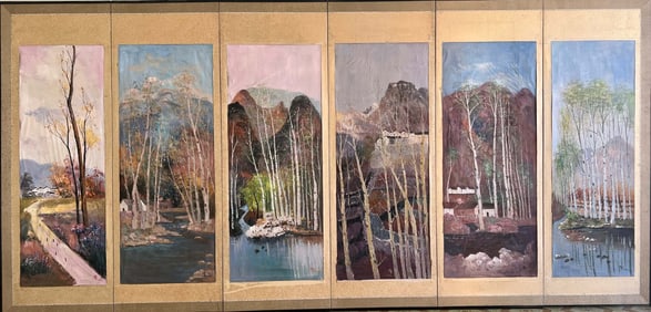 A screen of Wu Guanzhong's oil painting of fine mountains and forests