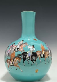 A piece of Qianlong in the Qing Dynasty enamel color turquoise green figure five kings travel