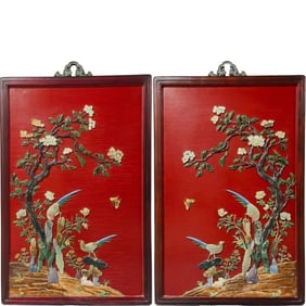 A pair of mahogany intarsia bird hanging screens