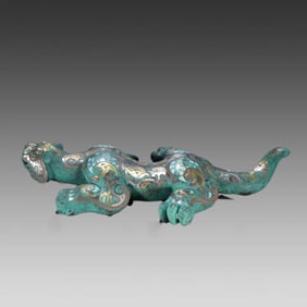 A Warring States bronze mismatched gold and silver inlaid turquoise beast