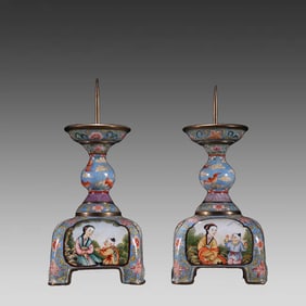 A pair of Qing Dynasty copper paintings, enamel figures, stories, candlesticks