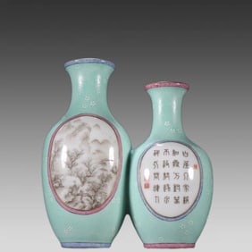 A piece of Qing Dynasty turquoise green glaze windowed landscape poetry conjoined wall bottle