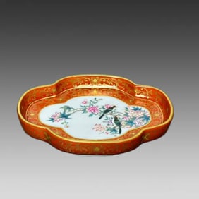 A piece of alum red painted gold entwined lotus pattern, flowers and birds open windows, begonia