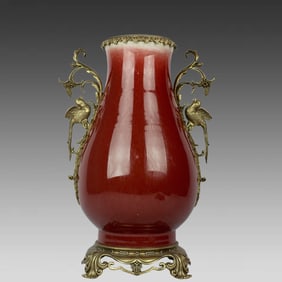 A piece of Lang red glaze inlaid with copper flowers and birds amphora blessing barrel