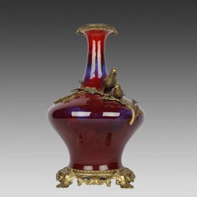 A kiln-glazed copper-inlaid flower and bird flat-belly vase