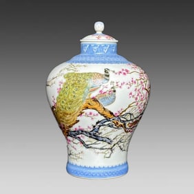 A piece of exquisite pile of emerald pattern edges peacock flowers and birds inscription poem plum
