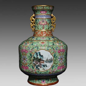 A Qing Dynasty Qianlong green pastel painted gold landscape floral pattern amphora