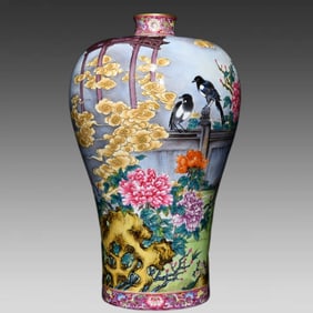 A Qing Dynasty Yongzheng pastel double happiness flower and bird pattern plum vase