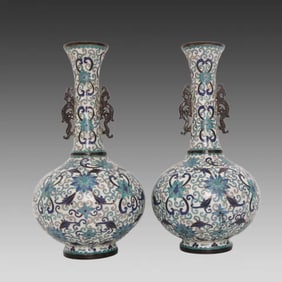A pair of cloisonné medium double dragon ear vases
