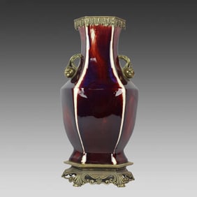 A kiln-glazed pomegranate amphora hexagonal vase inlaid with copper