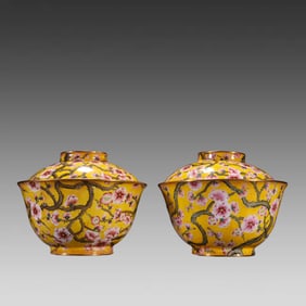 A pair of Qing Dynasty copper paintings enamel plum blossom pattern tea bowls