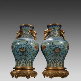 A pair of Qing Dynasty bronze gilt cloisonné elephant trunk ear wall vases