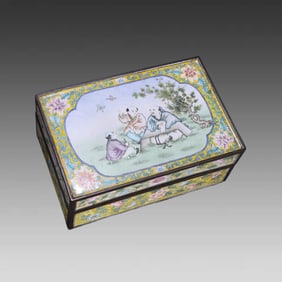 A piece of Qing Dynasty copper fetal enamel character story floral pattern lid box