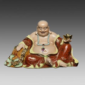 A piece of the Republic of China's Zeng Longsheng made alum red painted gold cloth bag Arhat