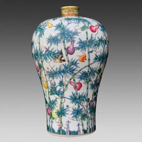 A piece of blue and white with pastel, bamboo forest gourd, flowers and birds, depicting gold plum