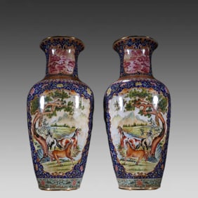 A pair of Qing Dynasty bronze fetal painting enamel Panasonic horse picture appreciation bottle