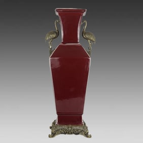 A red glazed bronze crane amphora square vase