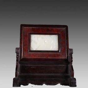 A Qing Dynasty mahogany inlay with Hetian jade carved "Xi Zhi Love Goose" interstitial