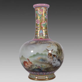 A piece of enamel color gold land through the scene of the beast painting rabbit gall bottle