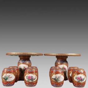 A pair of cloisonné enamel color carved entwined branches lotus depicted gold open window flower