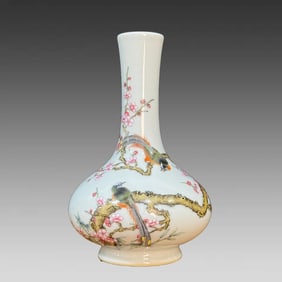 A pair of exquisite enamel flowers and birds inscribed poems flat belly bottles