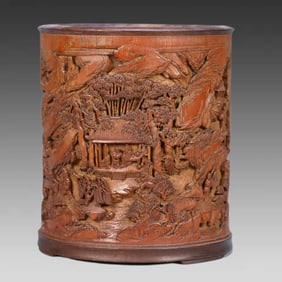 A piece of bamboo carved figure landscape pen holder