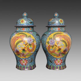 A pair of copper-tired cloisonné large general jars