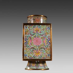 A piece of Qing Dynasty copper painting enamel weaving branch lotus square bottle
