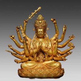 A bronze gilt Zhun Ti Bodhisattva Thousand Hands Guanyin Buddha statue