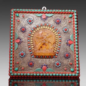 One piece of silver filigree encrusted with gemstone thangka