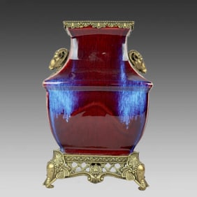 A kiln glazed copper-inlaid sheep's head and ears are square
