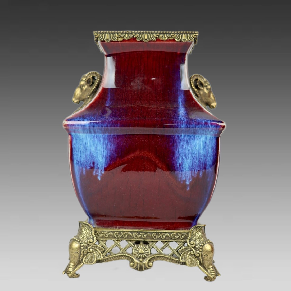 A kiln glazed copper-inlaid sheep's head and ears are square: The kiln is glazed and inlaid with copper, and the sheep's head and ears are square SIZE: H:31.5cm D:20cm BaseD:19cm (The Dimensions Of All Batches Are Manually Measured.If You Need More Detailed Info