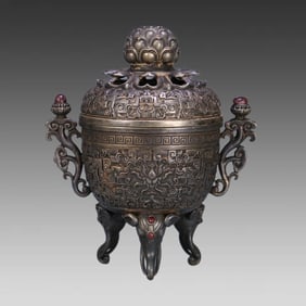 An old silverware three-elephant foot entwined lotus pattern aromatherapy burner