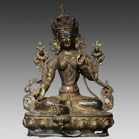 A piece of copper rubbing gold Green Tara Buddha statue