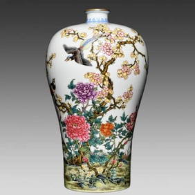 A Qing Dynasty Yongzheng pastel plum vase with flower and bird pattern