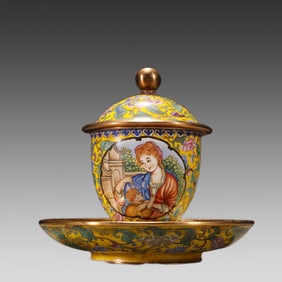 A piece of Qing Dynasty bronze fetal painting, enamel floral pattern, Western figure Tuto cup