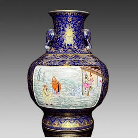 A delicate sacrificial blue depiction of gold entwined branches and lotus dragon wearing flower