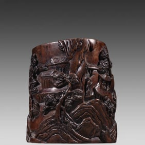 A Qing Dynasty agarwood landscape figure pen holder
