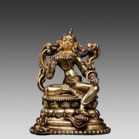 A bronze gilt statue of Green Tara from the Qing Dynasty